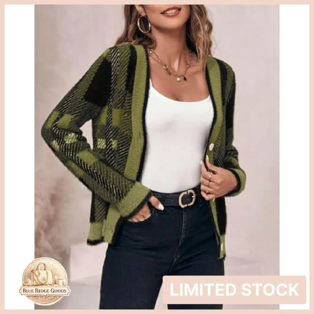 Plaid Fuzzy Knit V-Neck Cardigan Cozy Oversized Chic Fall Pullover - Picture 5 of 8